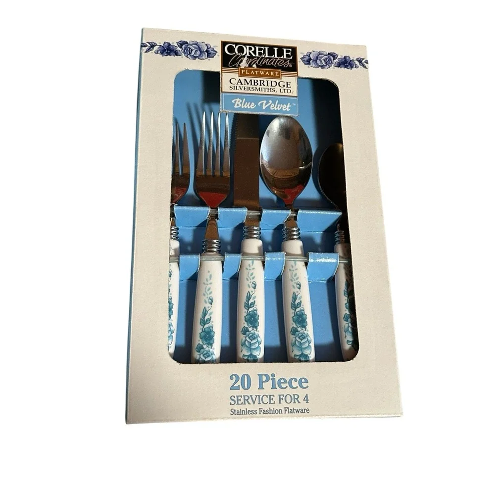20pc Corelle BLUE VELVET ROSES Cambridge Silversmiths Stainless FLATWARE Set NEW